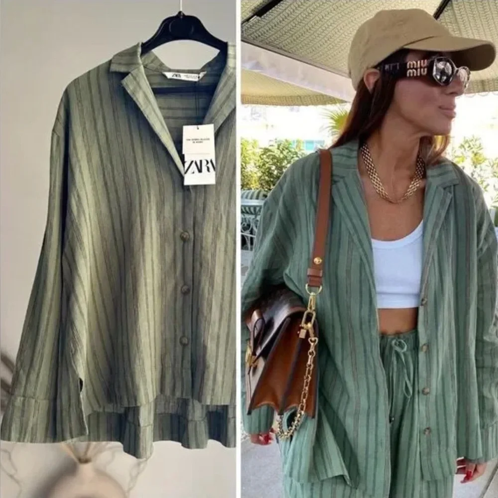 Zara Striped Linen & Cotton Blend Long Pants Bottom Size M NWOT - Picture 7 of 16